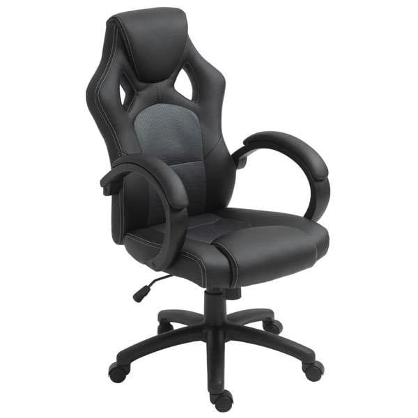 Black faux-leather swivel office chair with armrests, cushioned seat and back, and wheels