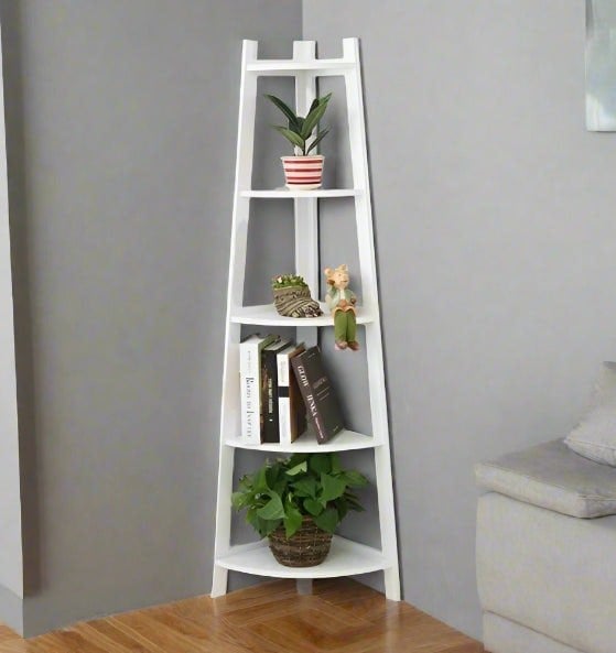 White bamboo 5-tier corner ladder shelf, plant stand for home decor and indoor display

