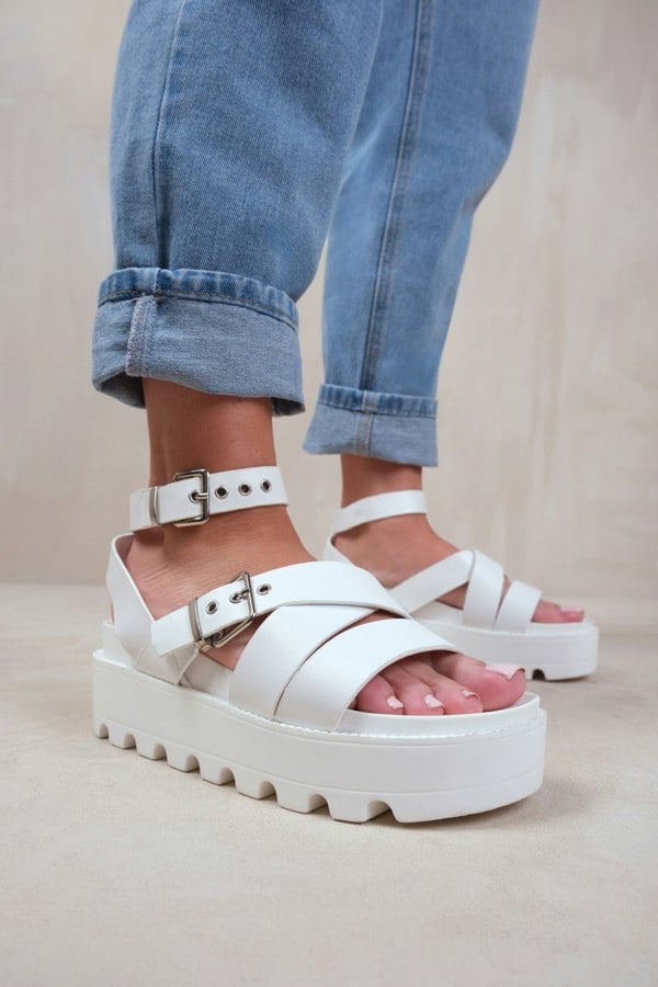 Where's That From Layla Wide Fit Buckle Strap Platform Sandals In White Faux Leather