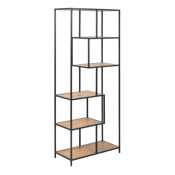 Furniture To Go Seaford Tall Black Metal Bookcase with 5 Oak Shelves