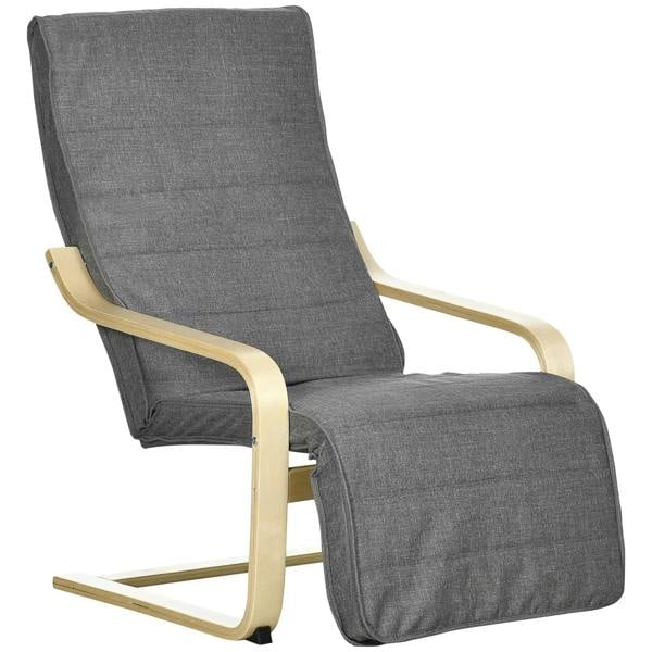 Dark grey upholstered lounge chair with light wood frame and padded armrest