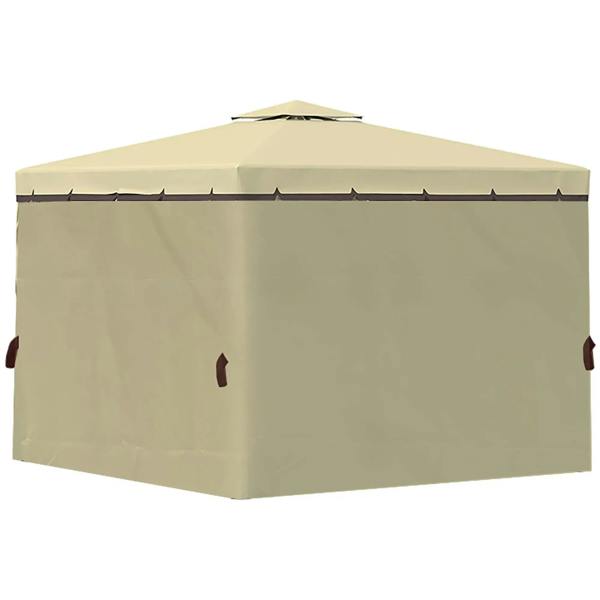 Beige patio gazebo canopy with solid side walls and corner posts