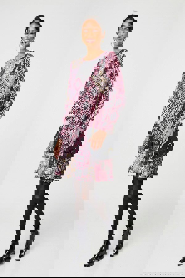 Pink | Patchwork Long Sleeve Short Swing Dress
