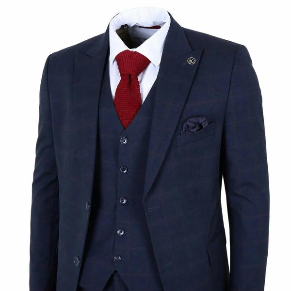 TruClothing IM54 - Men's Navy Blue Check Tailored Fit 3 Piece Suit