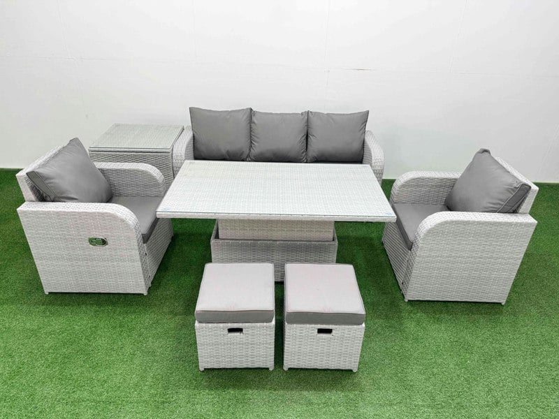 Fimous Light Grey PE Rattan Outdoor Lounge Set - Reclining Chair, Adjustable Lifting Dining/Coffee Table, Side Table & 2 Small Stools