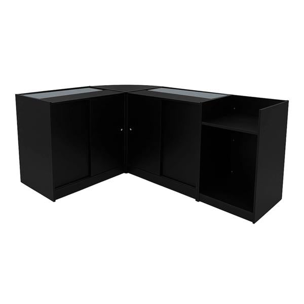 Astro LED Shop Counter Set in sleek black, featuring two display cabinets with glass tops and ample storage space for retail use
