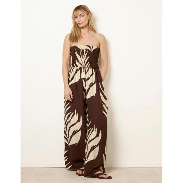 Blue Vanilla Printed Bandeau Tie Neck Shirred Jumpsuit