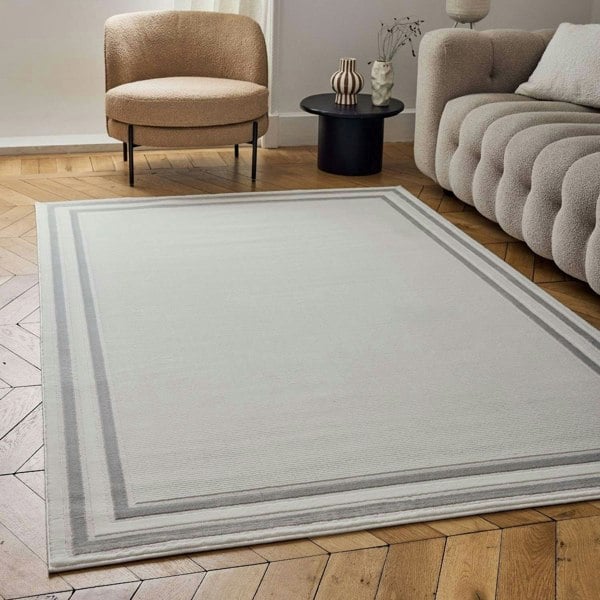Bordered Living Room rug, grey-cream colours, stain-resistant and non-shedding