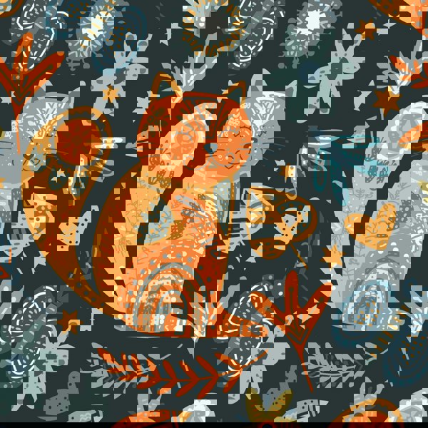 This handmade lampshade features a boho inspired pattern of content little pussy cats among leaves, florals and butterflies in tones of orange, blue and green on a black background.   