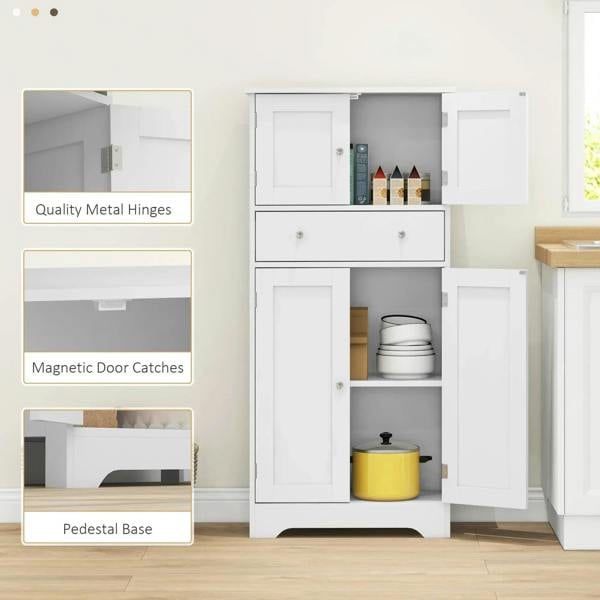 White freestanding kitchen cabinet with metal hinges, magnetic door catches, and pedestal base