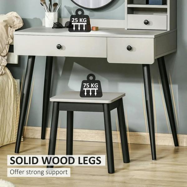 Stool and gray vanity table supported by black solid wood legs.