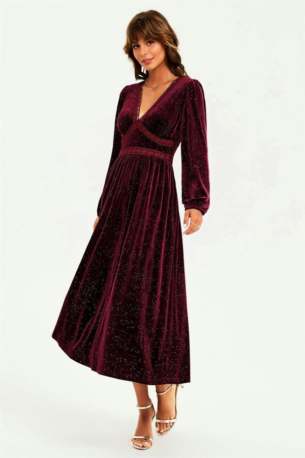 FS Collection Silver Foil Velvet Lace Trim Neckline Midi Dress In Wine