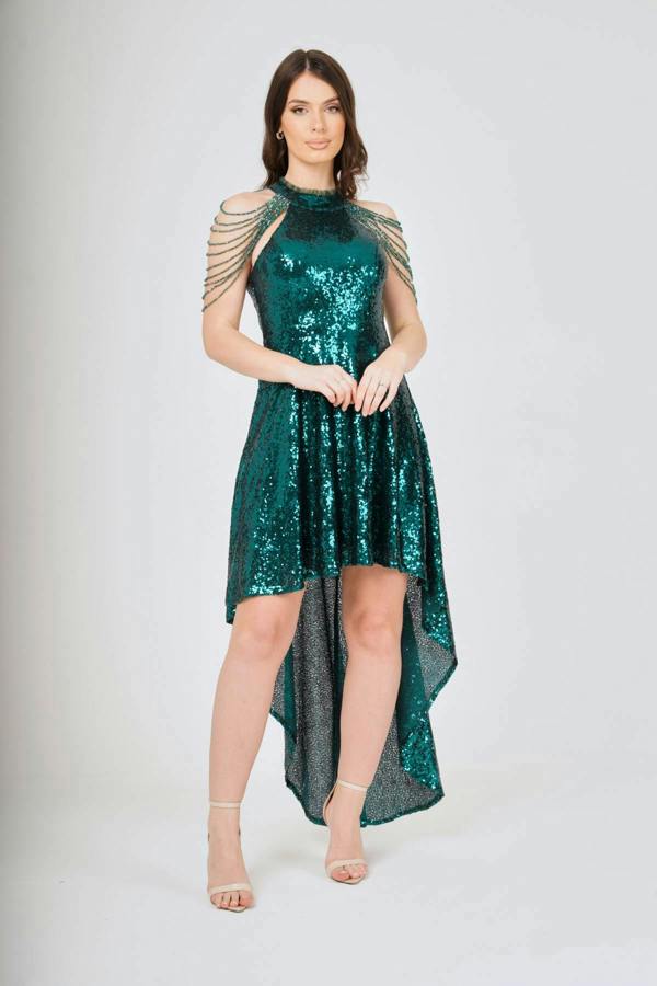 LuvForever Emerald Jewel Shoulder Hi-Lo Sequin Dress