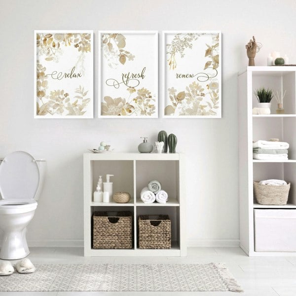 Bathroom pictures framed | Set of 3 Botanical Gold wall art prints