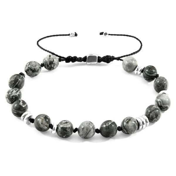 Anchor & Crew Grey Jasper Agaya Silver and Stone Beaded Macrame Bracelet 