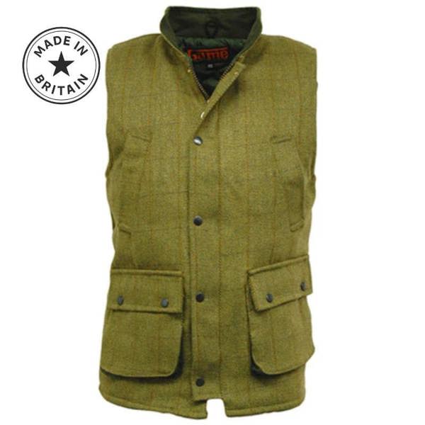 Mens Game Derby Tweed Gilet with quilted lining, beautifully made in the UK