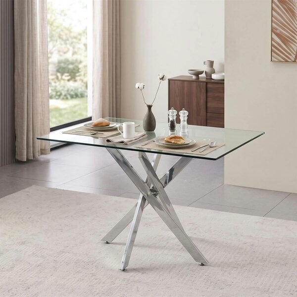 Kosy Koala Glass Dining Table Set with 4 Faux Leather Chairs, Sturdy Chrome Legs, Rectangular, 120cm