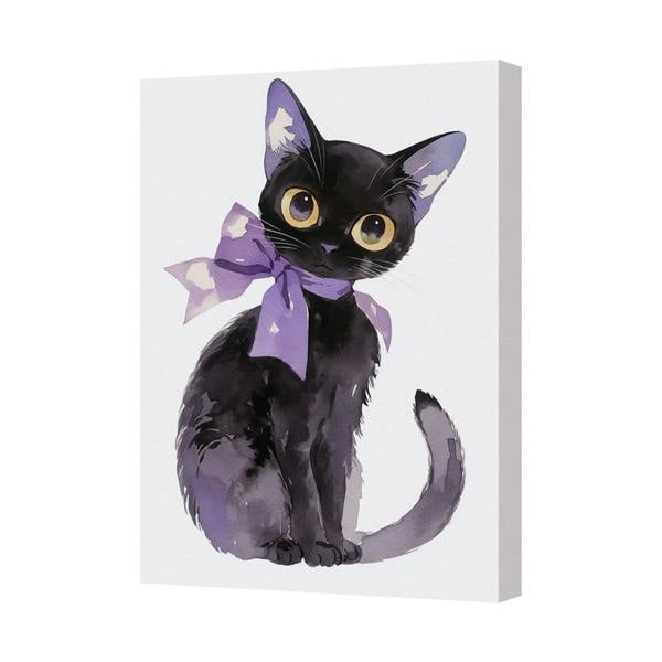 Benjamin Tate Design Canvas Wall Art Black Cat With Purple Bow Giclee Print