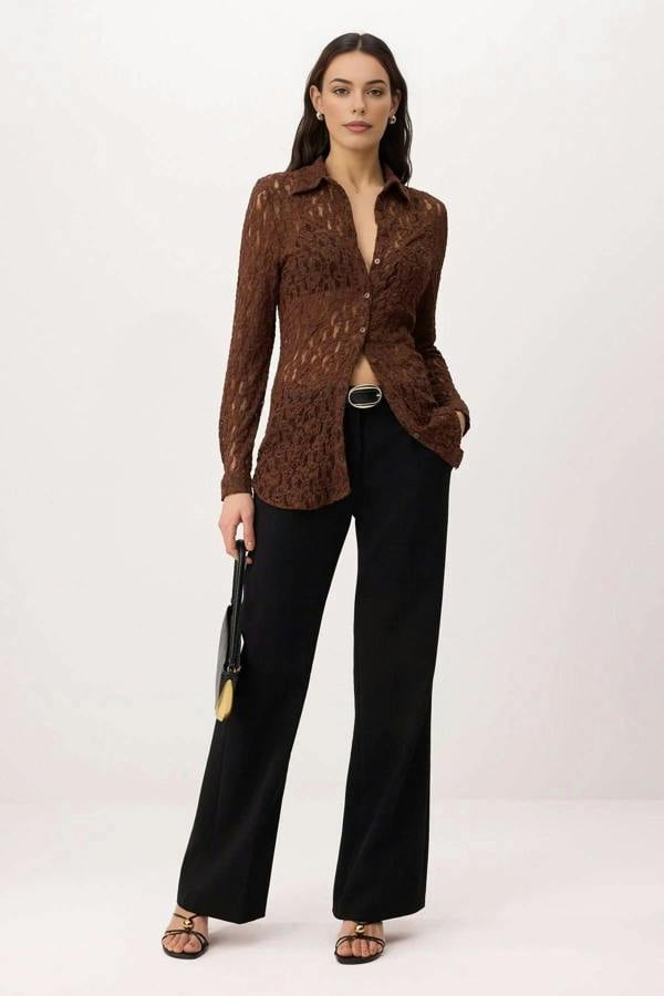WOVCOR Plain Fitted Shirt Collar Long Sleeve Lace Knit Shirt