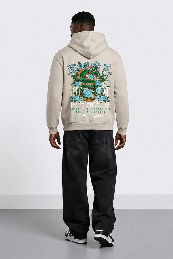 London Attitude Relaxed Fit Dragon Graphic Hoodie - Stone