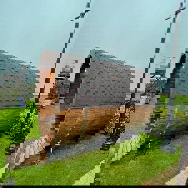 400cm Spruce Barrel Sauna | Thermowood | Terrace | Wood-Fired or Electric.