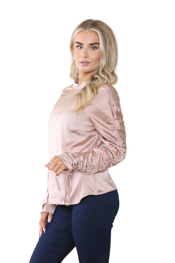 Elaina Fashion Women's Dusty Rose Gold Long Ruched Drawstring Sleeve Crew Round Neck Top 