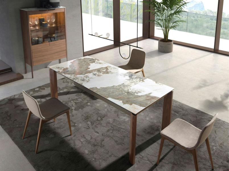Angel Cerdá Walnut High Sideboard With Imitation Marble Glass Top and Interior Lighting 3075