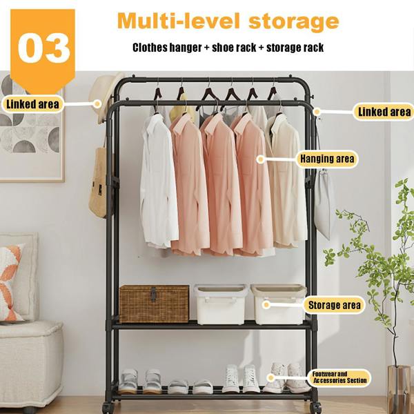Havendro Heavy Duty Double Clothes Rail Garment Rack with Shoe Storage Display Stand