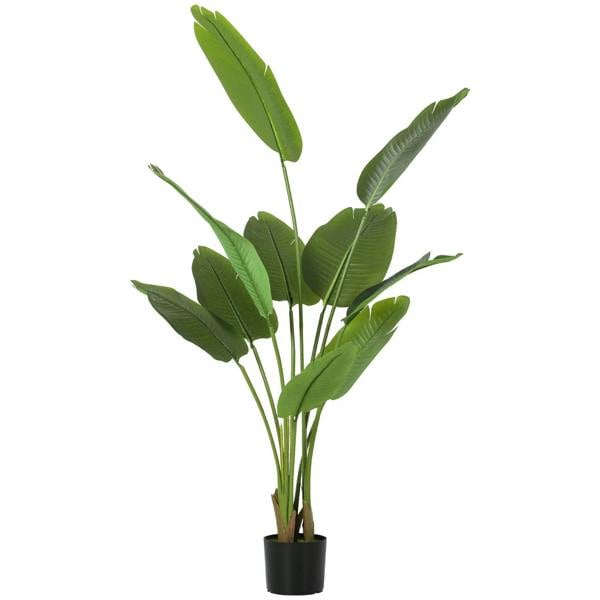Artificial banana leaf plant with green faux leaves in a black pot