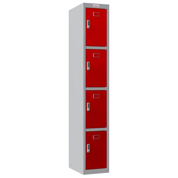 Phoenix Safe Phoenix PL Series PL1430GRE 1 Column 4 Door Personal Locker Grey Body/Red Doors with Electronic Locks