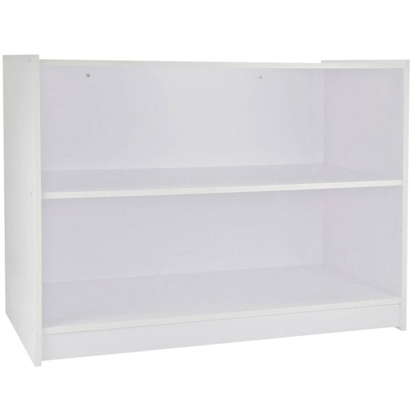 Brilliant white retail shop counter featuring two spacious shelves, sleek design, and smooth finish, ideal for showcasing products