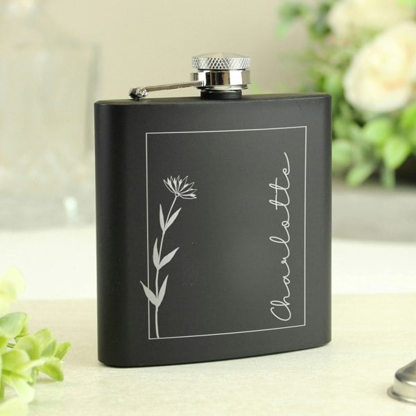 Personalised Memento Company Personalised Monochrome Floral Name Black Hip Flask