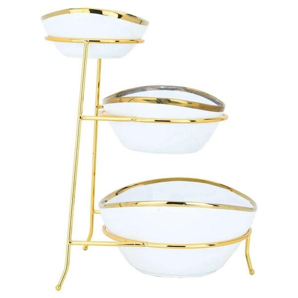 Dyzi 3 Tier Oval Serving Bowl Set with Metal Rack White & Gold