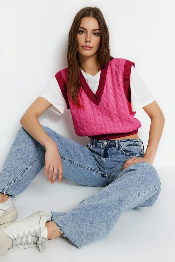 WOVCOR Crop Color-Block Hair Knit Sweater