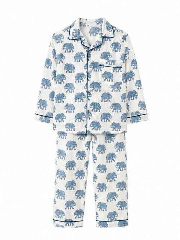 Kids Elephant print pyjamas in woodblock print cotton voile. Available in pink, blue & Green