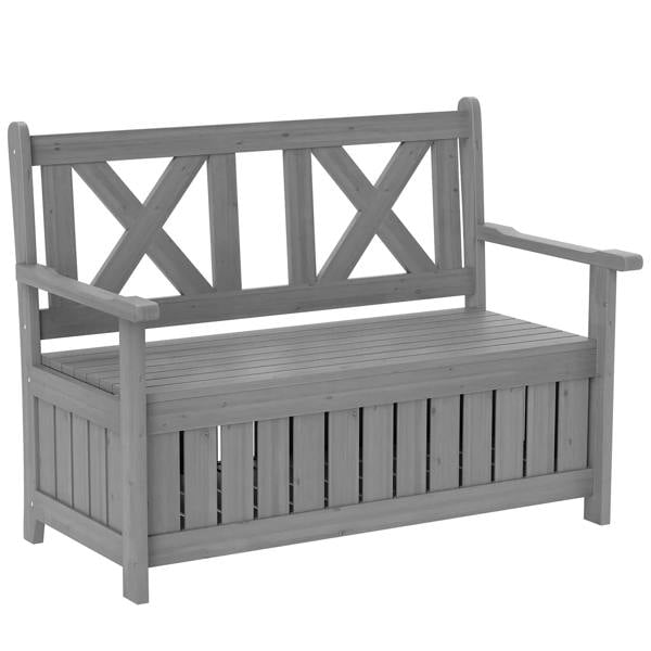 Charcoal grey garden storage bench with slatted seat, X-back and armrests