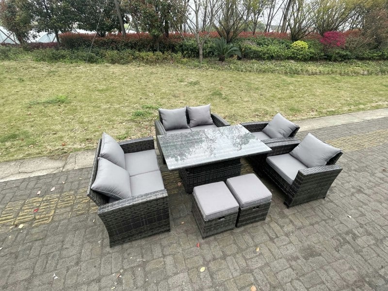 Fimous Rattan Outdoor Furniture Adjustable Rising Lifting Rectangle Dining Table Chairs Two Seater Love Sofa Sets Footstools 8 Seater