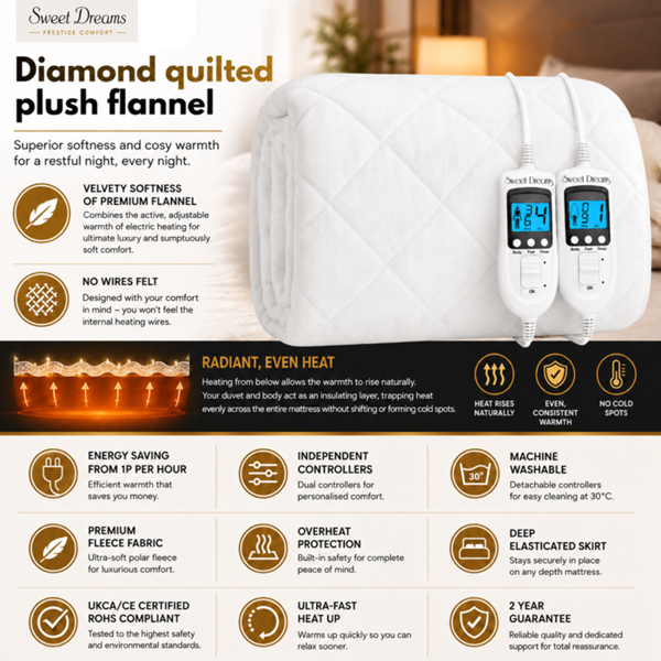 Sweet Dreams Electric Blanket King Size - Plush Fleece Quilted - 10 Timer & 9 Heat Settings - Overheat Protection