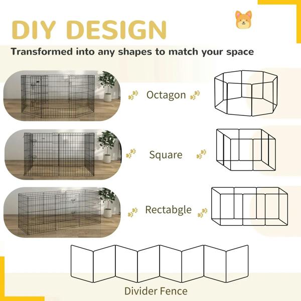DIY black wire pet playpen panels that interlock into different shapes with divider fence