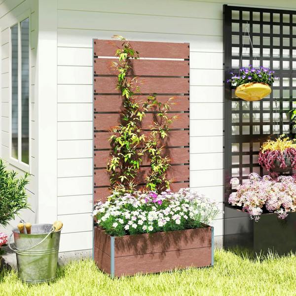 Brown tall trellis planter box against a wall with flowers in the front planter