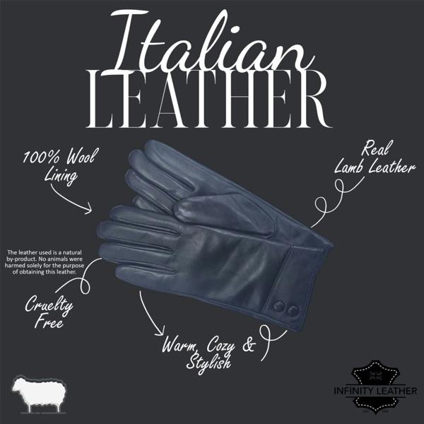 Infinity Leather Womens Italian Leather Winter Button Design Soft Wool Lining Gloves - L-GLV-501