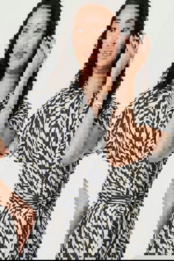 Black | Zebra Print Tie Waist Midi Shirt Dress
