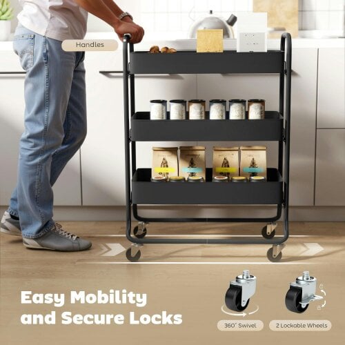 Wyld Haus Rakemi Metal Black 3 Tier Rolling Utility Trolley With Mesh Baskets