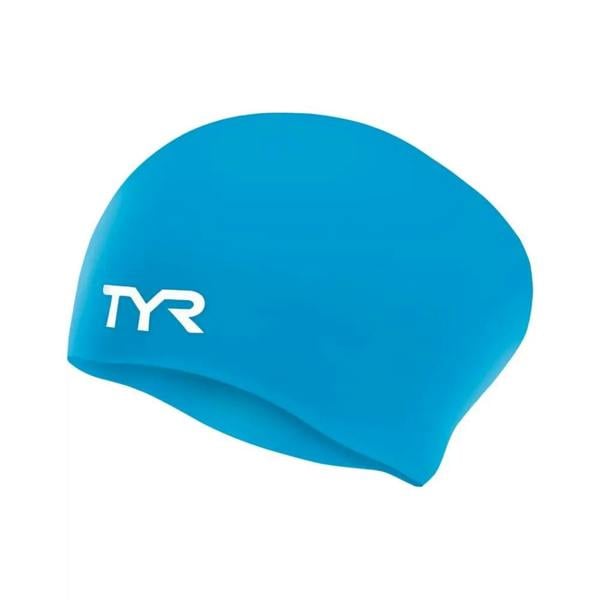 Blue TYR long hair wrinkle-free silicone swim cap with white logo