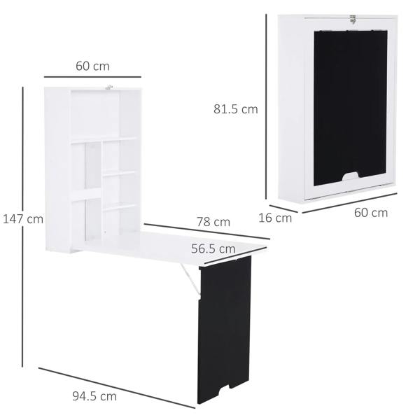 White wall-mounted drop-leaf table with dimensions and black chalkboard panel.