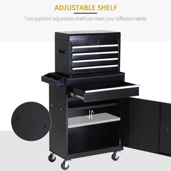 Black metal tool chest with open lower compartment, pegboard back, and caster wheels