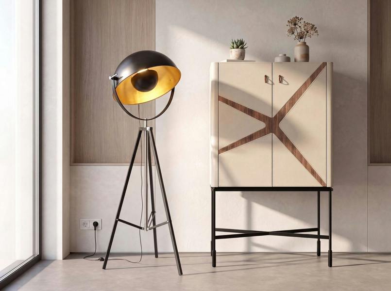Angel Cerdá Floor lamp in black steel and polished gold steel 8105