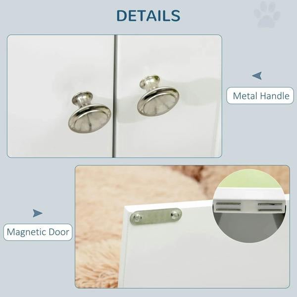 White pet feeder cabinet with metal knobs and magnetic door detail