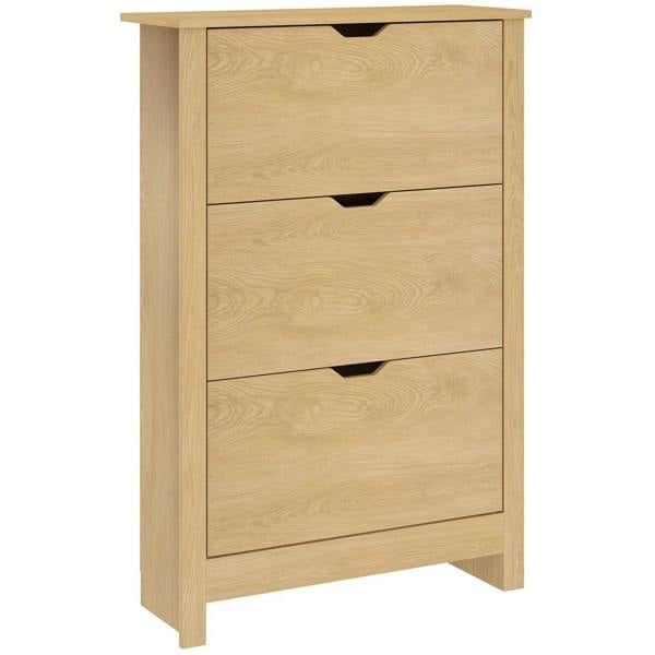 Narrow slim shoe cabinet in natural wood with three front drawers