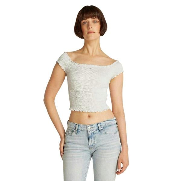 Tommy Jeans Womens/Ladies Mini Logo Off Shoulder Slim Smock Top - Ecru - 